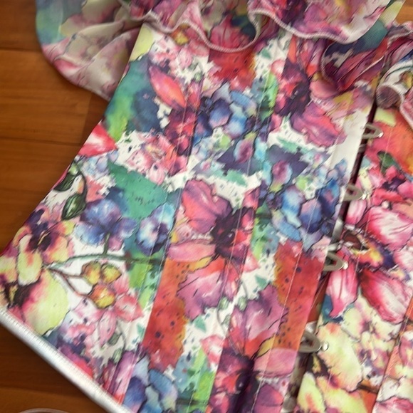 Women’s Corset top floral abstract multicolor ruffle lace-up new - Picture 8 of 9